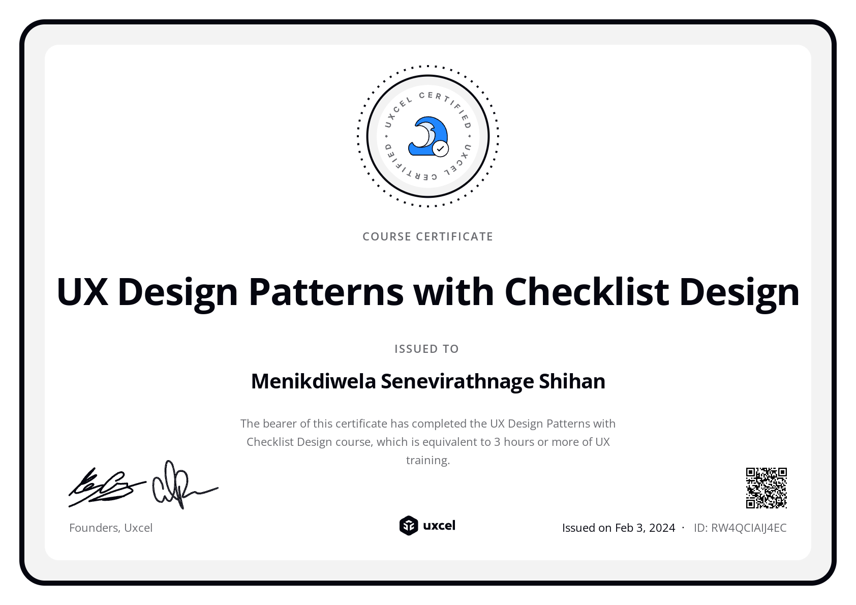 Shihan Menikdiwela's certificate